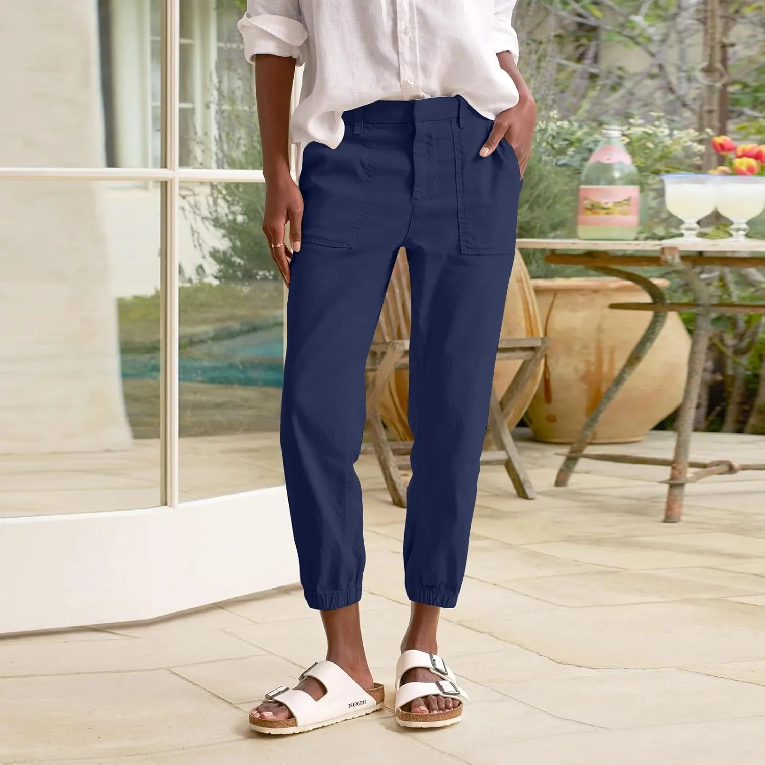 Women Linen Joggers Casual Cropped Linen Pants High Waisted Tapered Leg Jogger with Pockets Ankle Length Chino Pants