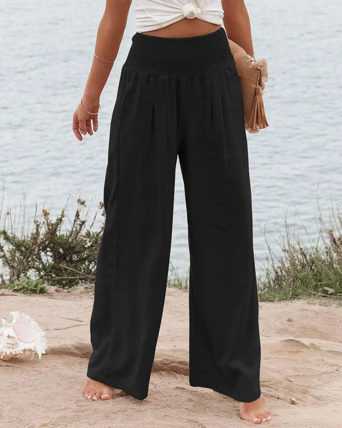 Women Linen Palazzo Pants Summer Bohemian Wide Leg High Waist Trousers Casual Lounge Slacks with Pockets