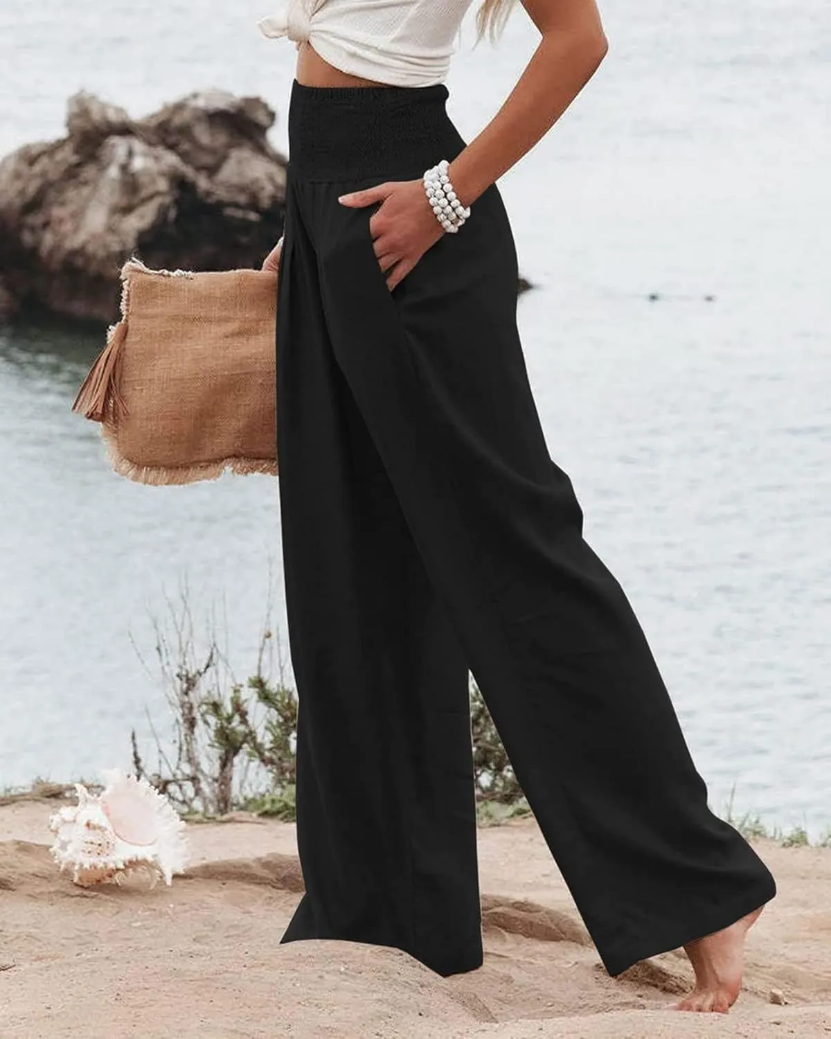 Women Linen Palazzo Pants Summer Bohemian Wide Leg High Waist Trousers Casual Lounge Slacks with Pockets