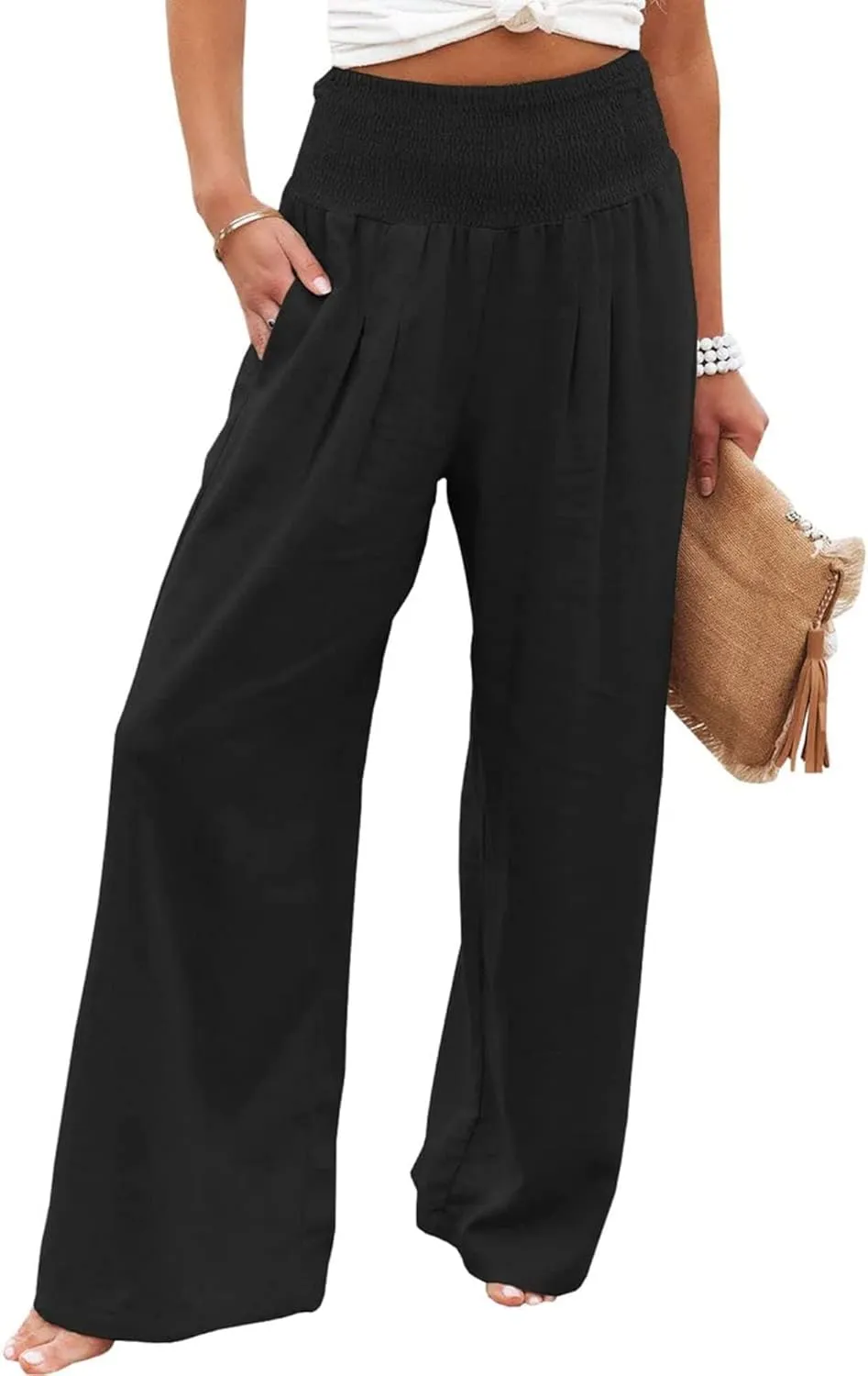 Women Linen Palazzo Pants Summer Bohemian Wide Leg High Waist Trousers Casual Lounge Slacks with Pockets