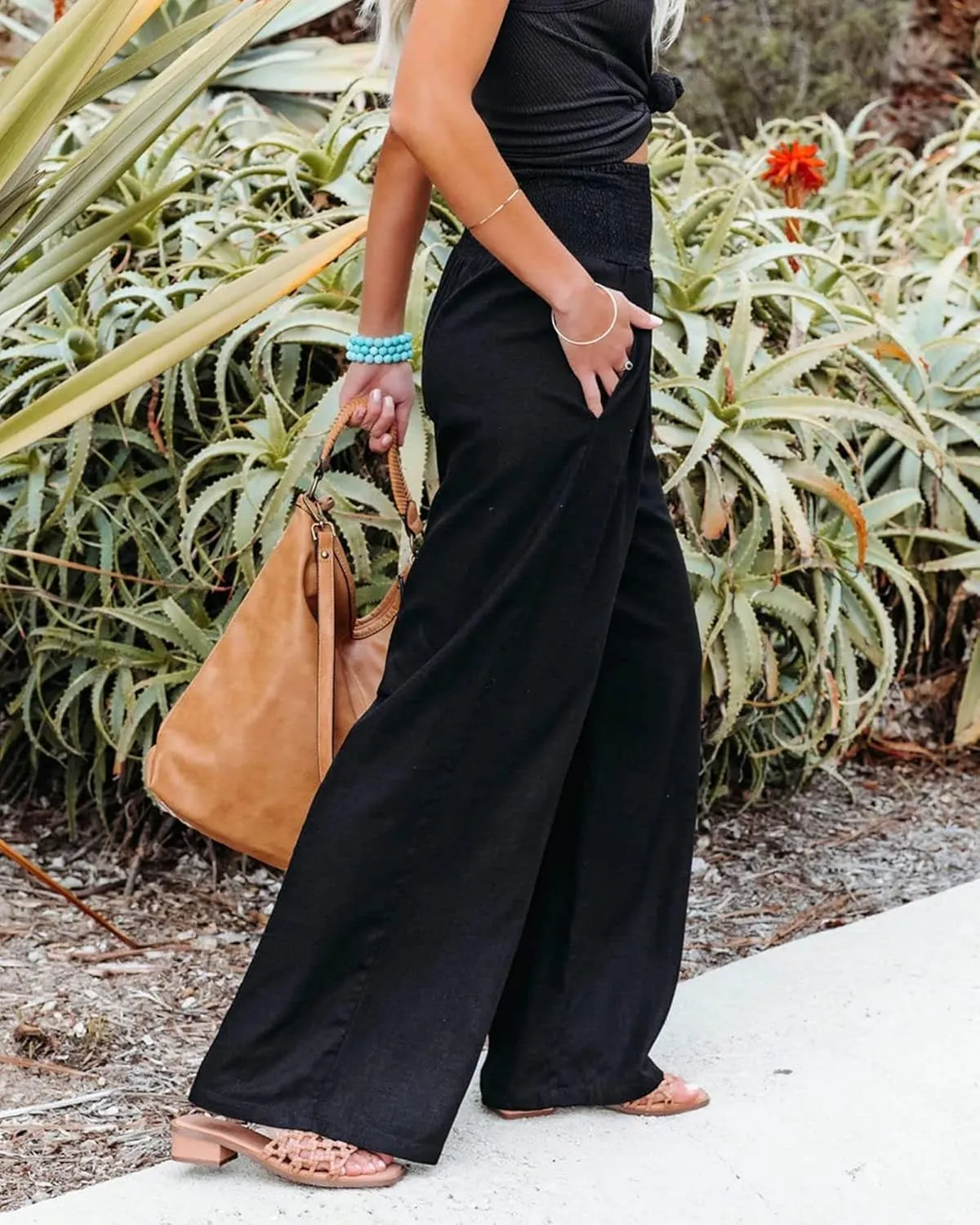 Women Linen Palazzo Pants Summer Bohemian Wide Leg High Waist Trousers Casual Lounge Slacks with Pockets