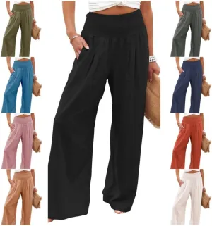 Women Linen Palazzo Pants Summer Bohemian Wide Leg High Waist Trousers Casual Lounge Slacks with Pockets