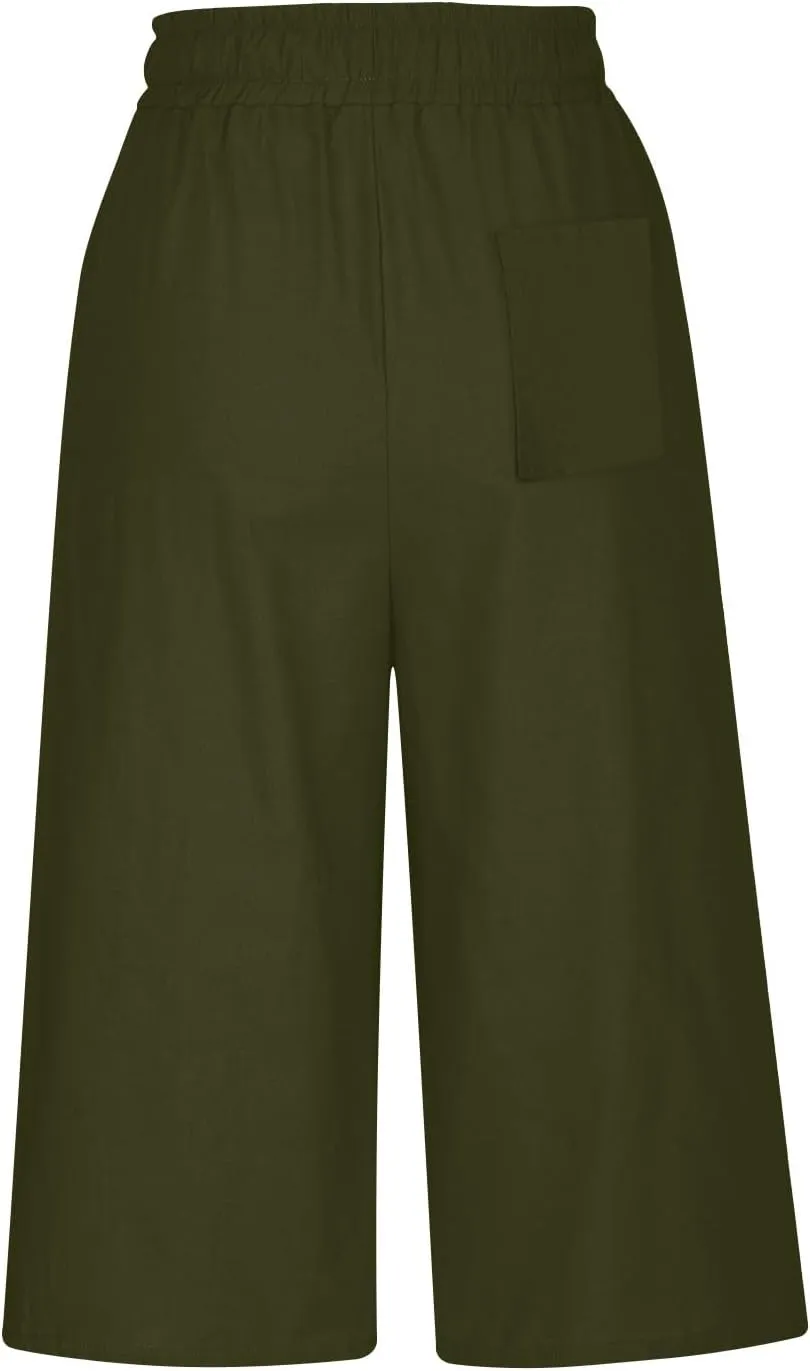 Women Linen Pants 2025 Casual Loose High Waist Trousers Drawstring Wide Leg Cropped Palazzo Beach Pants Summer Outfit