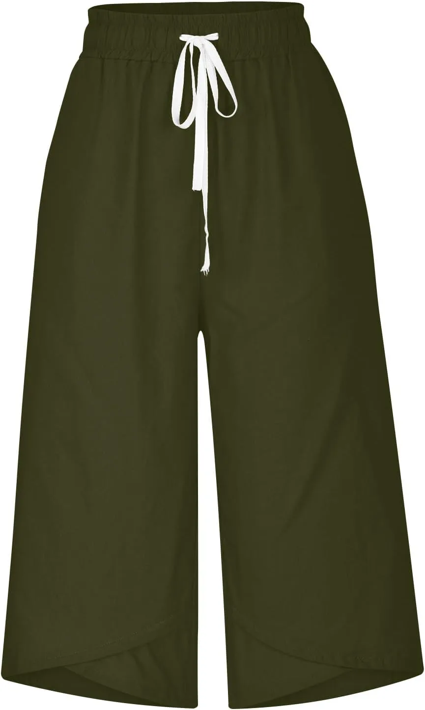 Women Linen Pants 2025 Casual Loose High Waist Trousers Drawstring Wide Leg Cropped Palazzo Beach Pants Summer Outfit