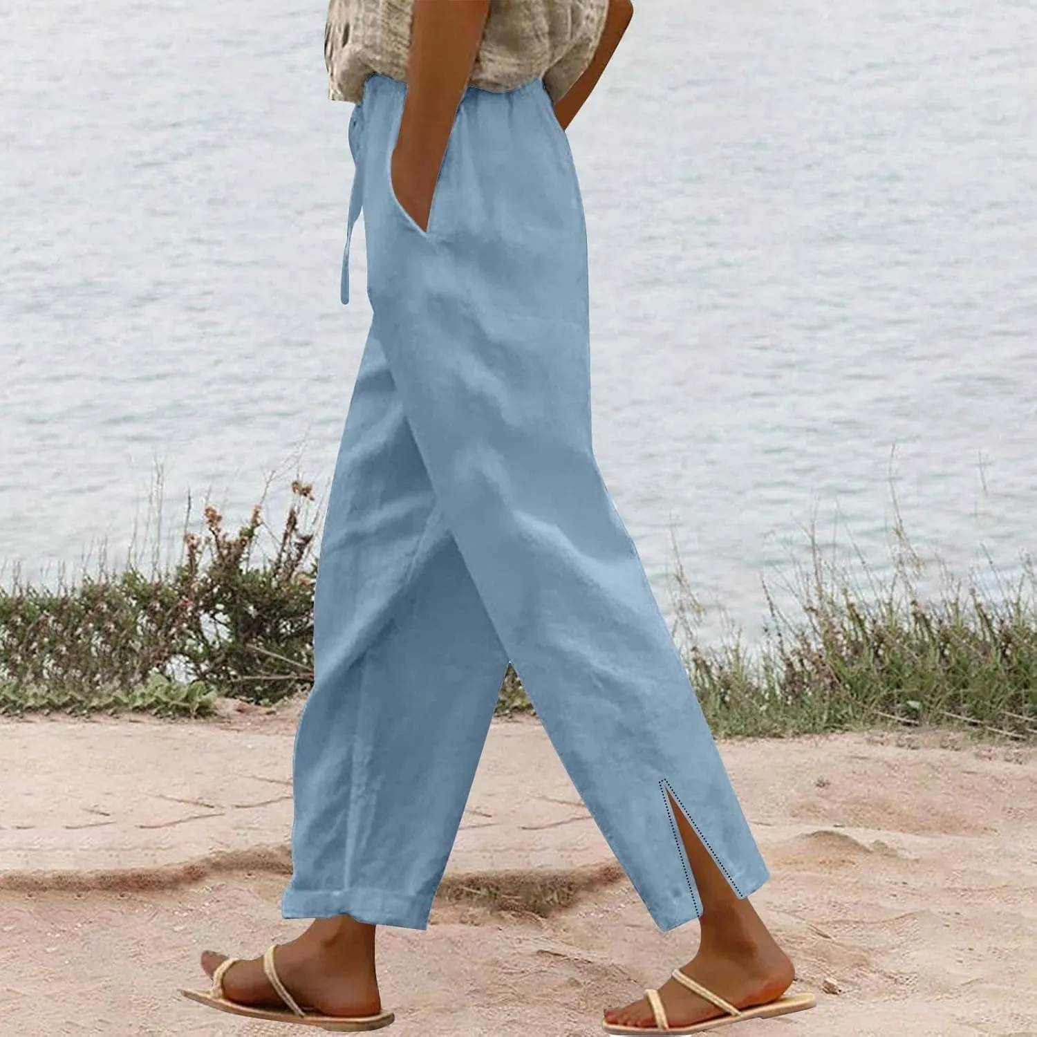 Women Linen Pants 2025 Wide Leg Casual Palazzo Pants Cotton Linen Lounge Beach Summer Pants with Pockets