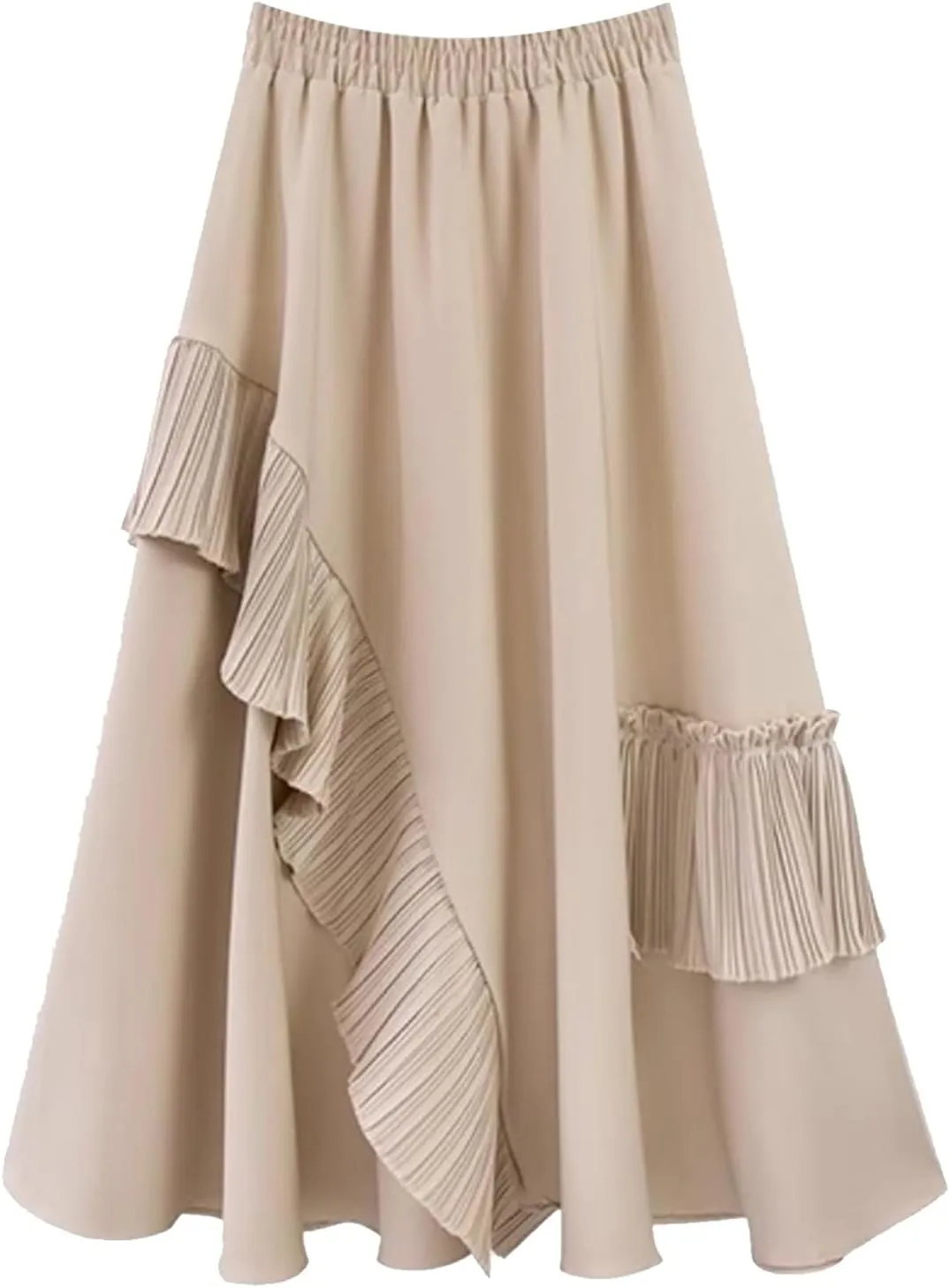 Women Pleated High Elastic Waist Skirt Ruffled A-Line Swing Skirt Midi Skirt Vintage Long Skirts
