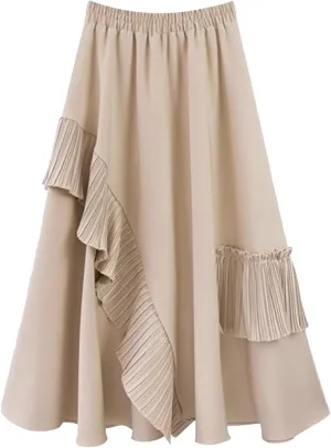 Women Pleated High Elastic Waist Skirt Ruffled A-Line Swing Skirt Midi Skirt Vintage Long Skirts