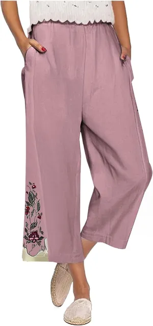 Women Retro Floral Embroidered Loose Crop Pants, Summer Cotton Linen Wide Leg Pants High Elastic Waist Pockets Trousers
