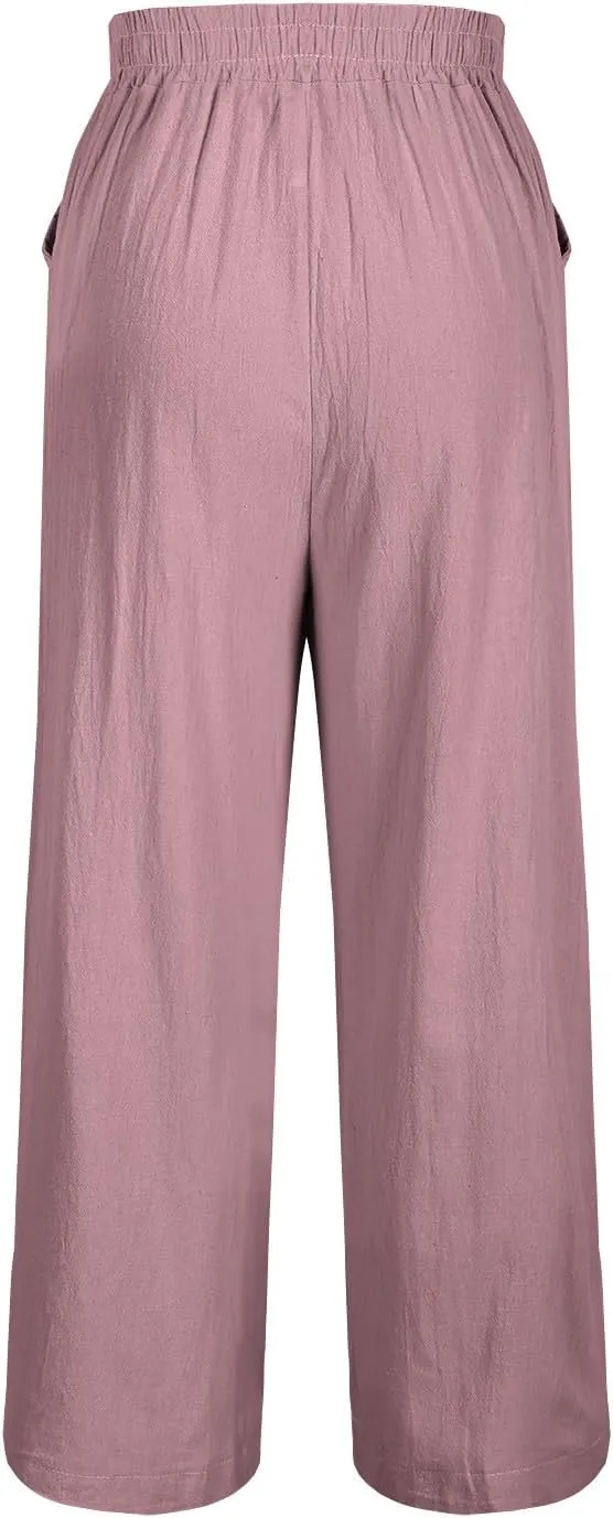 Women Retro Floral Embroidered Loose Crop Pants, Summer Cotton Linen Wide Leg Pants High Elastic Waist Pockets Trousers