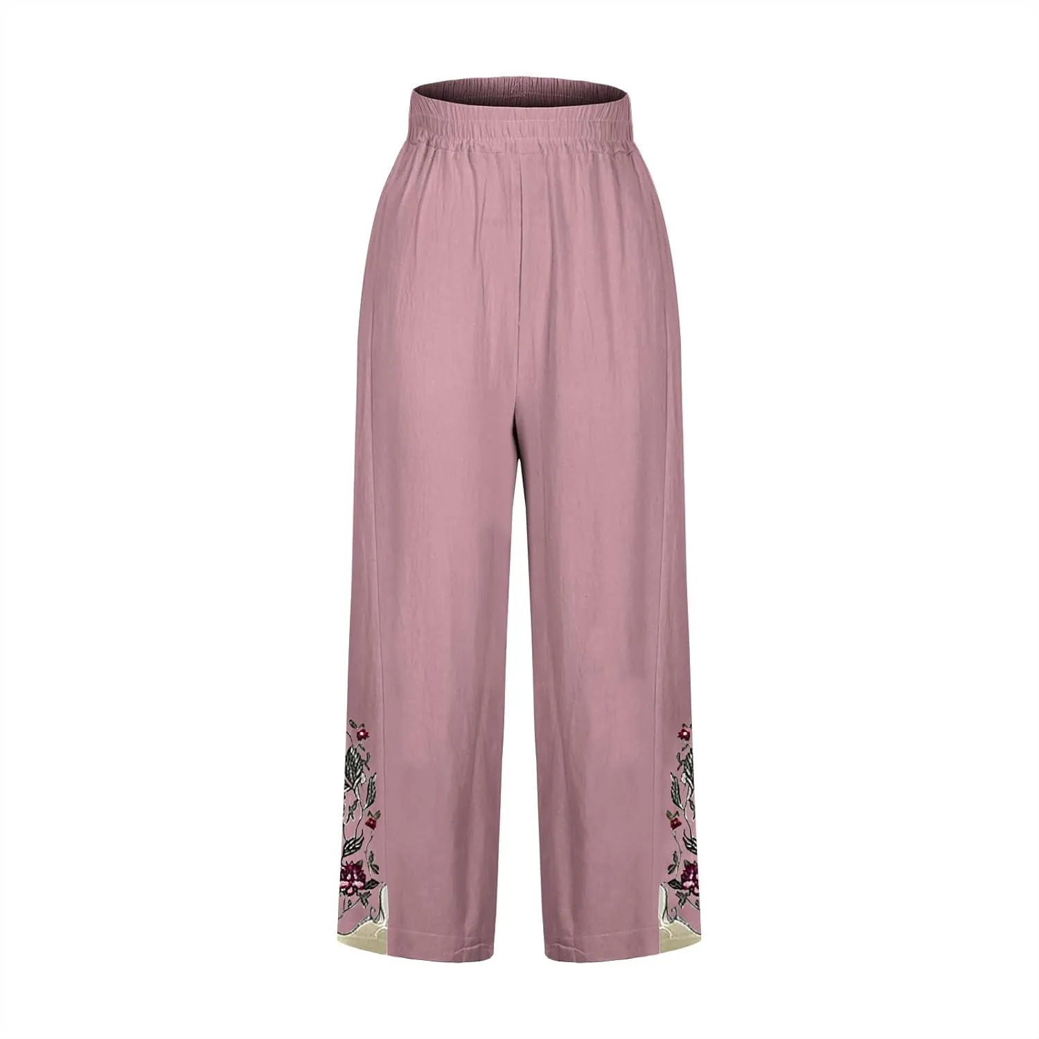 Women Retro Floral Embroidered Loose Crop Pants, Summer Cotton Linen Wide Leg Pants High Elastic Waist Pockets Trousers