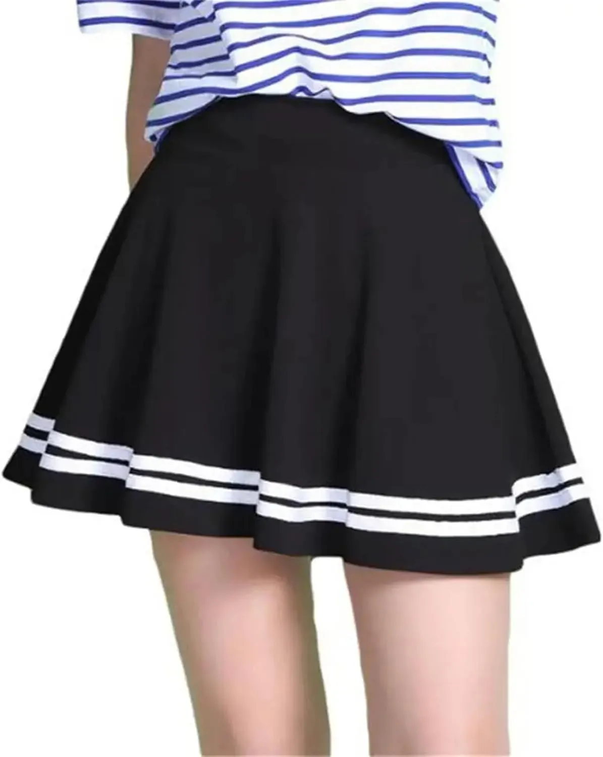 Women Skirt Solid Color Sexy High Waist Stripe Midi Pleated Skirts Girls Black White A Line Mini School Skirt Uniform