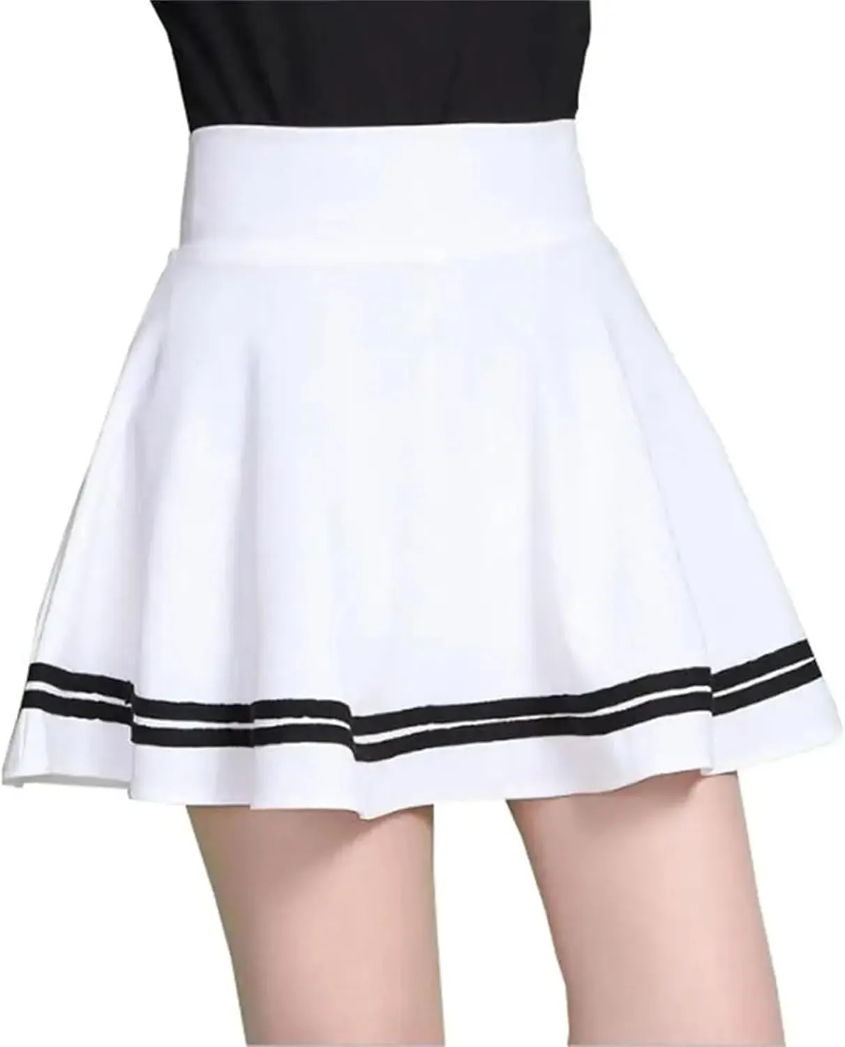Women Skirt Solid Color Sexy High Waist Stripe Midi Pleated Skirts Girls Black White A Line Mini School Skirt Uniform
