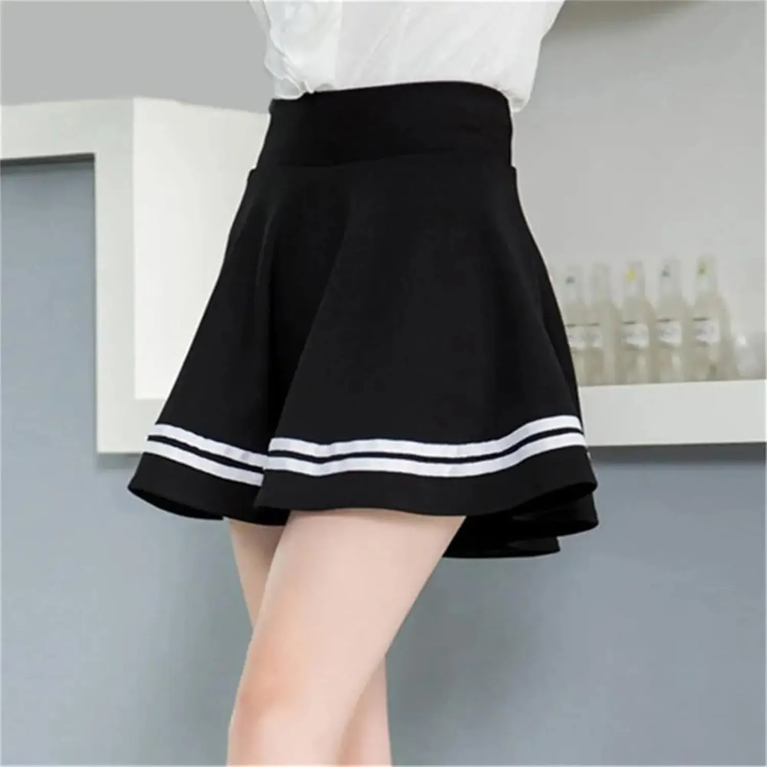 Women Skirt Solid Color Sexy High Waist Stripe Midi Pleated Skirts Girls Black White A Line Mini School Skirt Uniform
