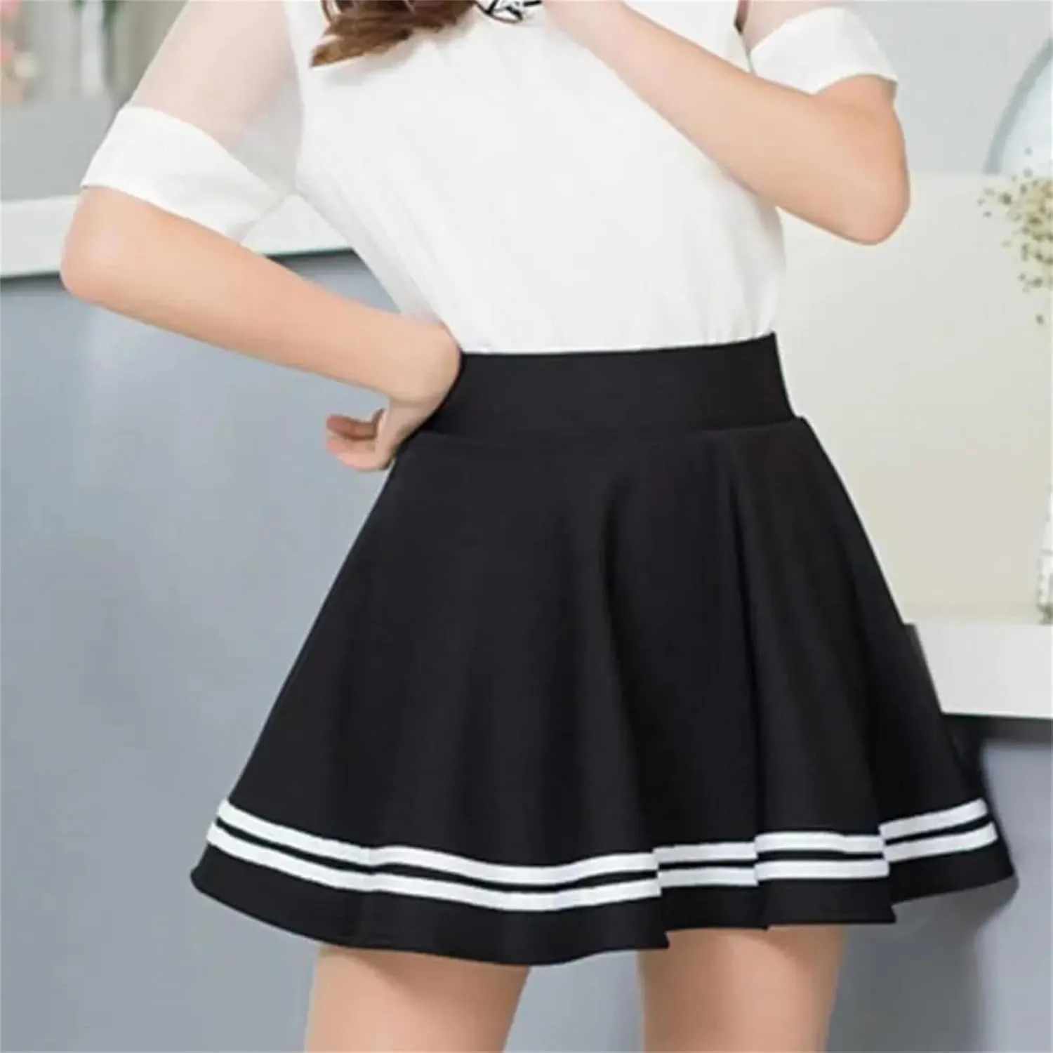 Women Skirt Solid Color Sexy High Waist Stripe Midi Pleated Skirts Girls Black White A Line Mini School Skirt Uniform