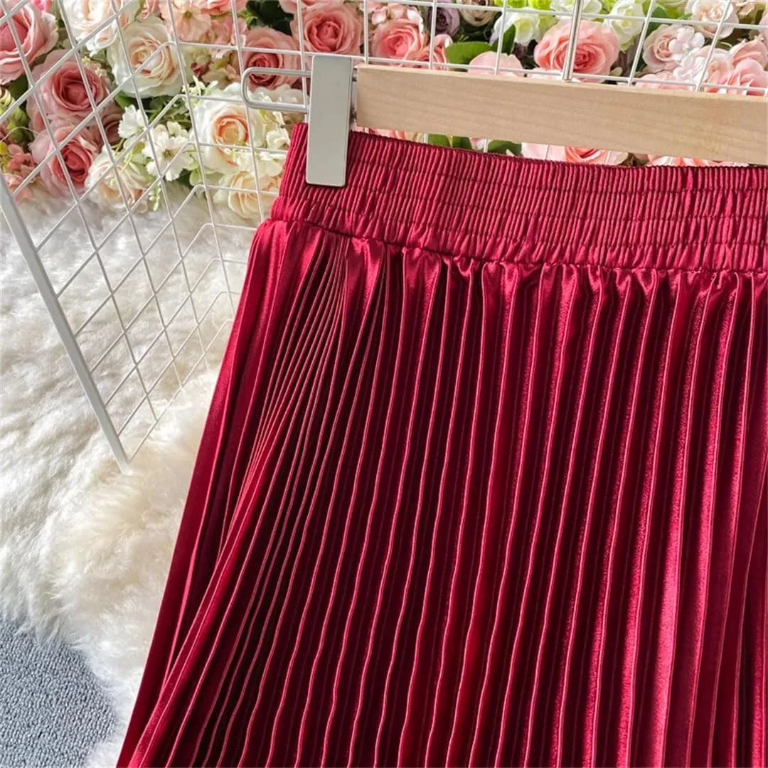 Women Solid Pleated Casual Midi Skirt Vintage High Waist Party A-Line Skirts