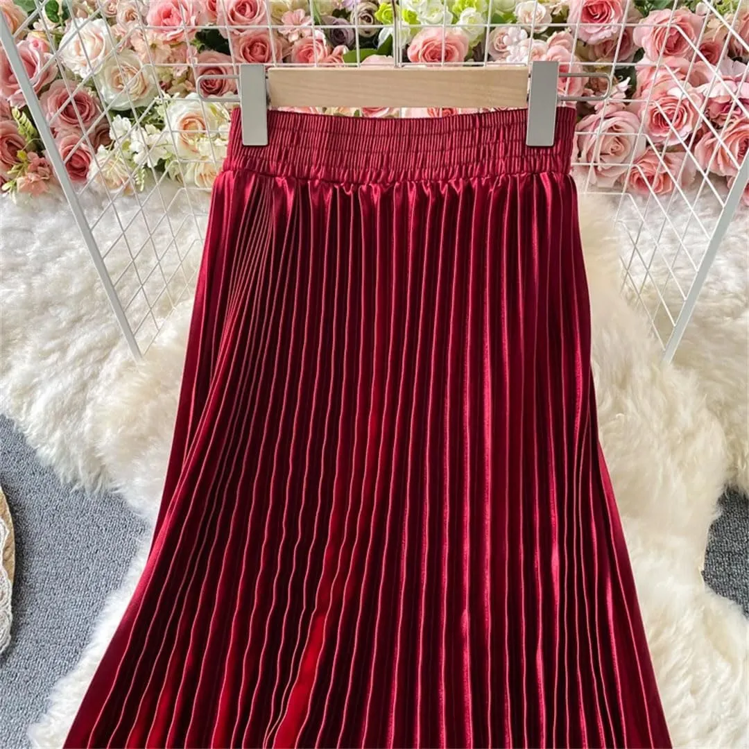Women Solid Pleated Casual Midi Skirt Vintage High Waist Party A-Line Skirts