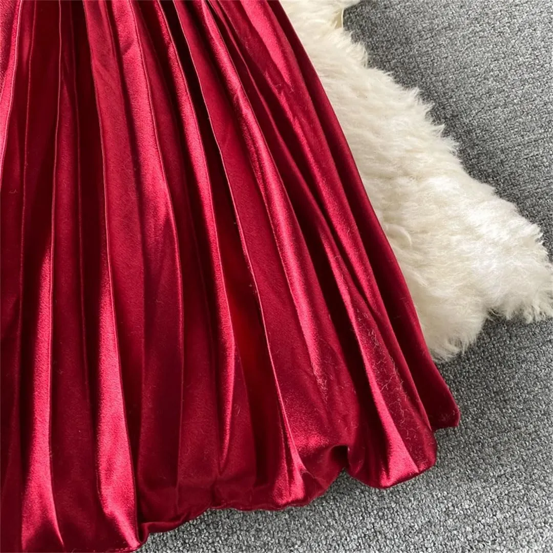Women Solid Pleated Casual Midi Skirt Vintage High Waist Party A-Line Skirts