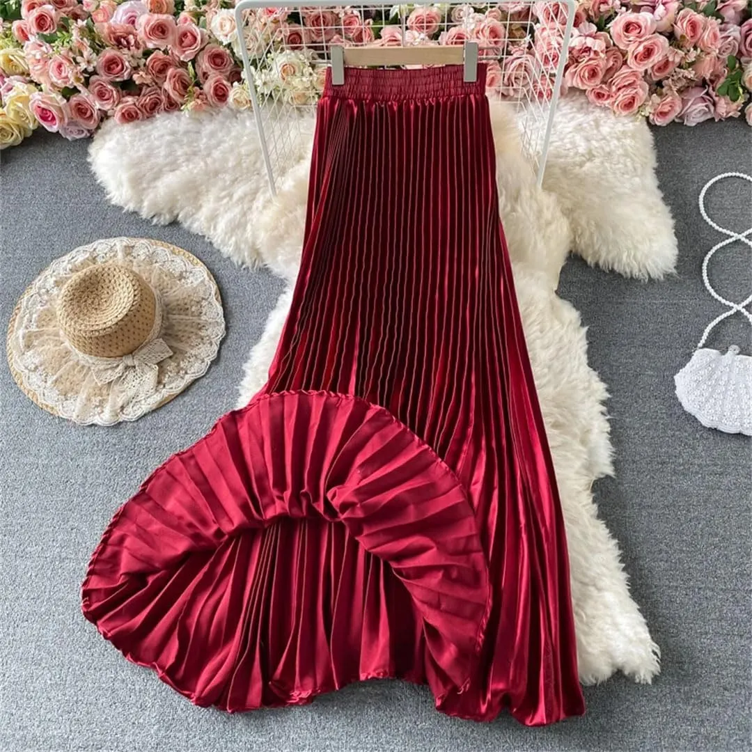 Women Solid Pleated Casual Midi Skirt Vintage High Waist Party A-Line Skirts