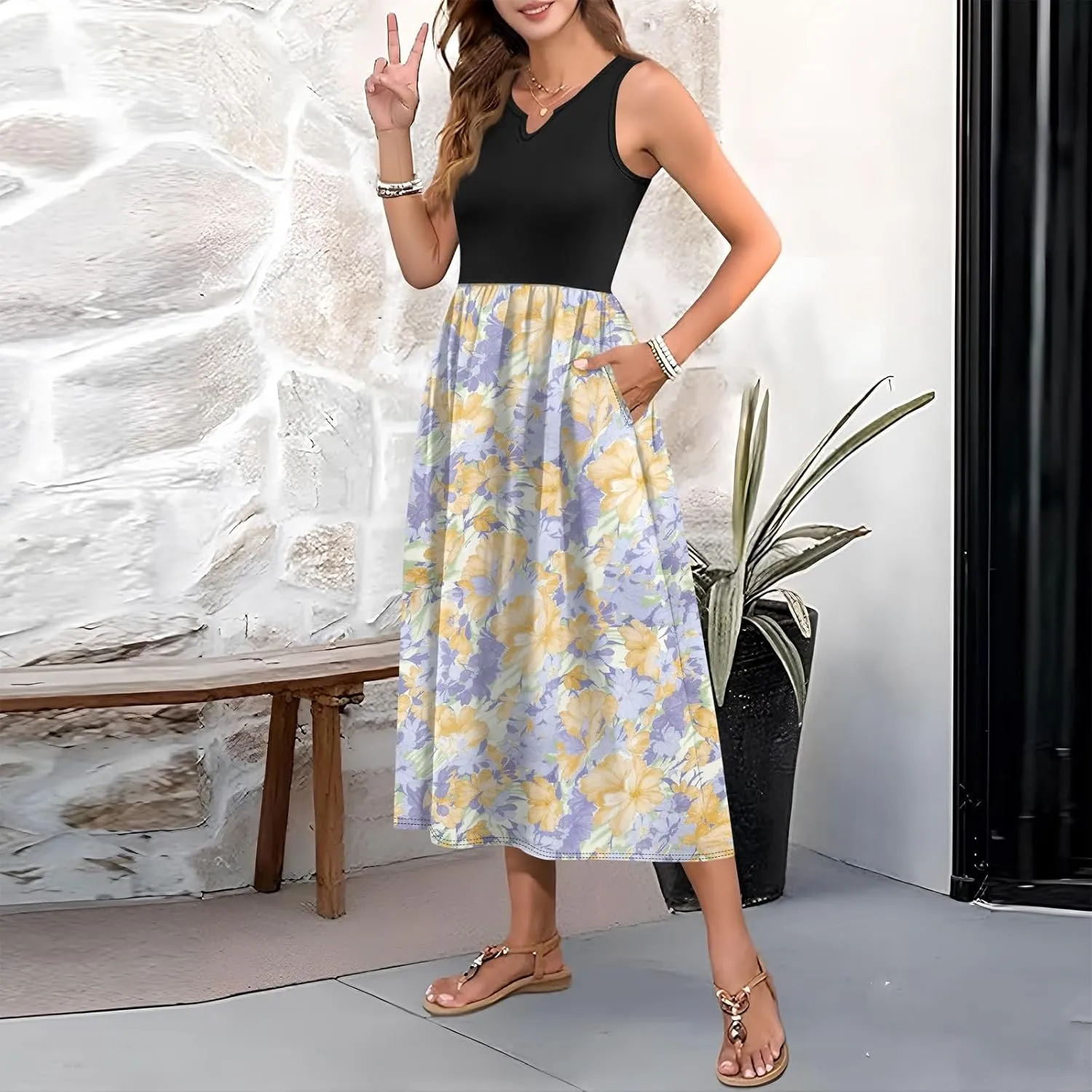Women Summer Dresses 2025 Casual Sleeveless Beach Vacation Maxi Dresses Cute Floral Long Dress Wedding Guest Dress