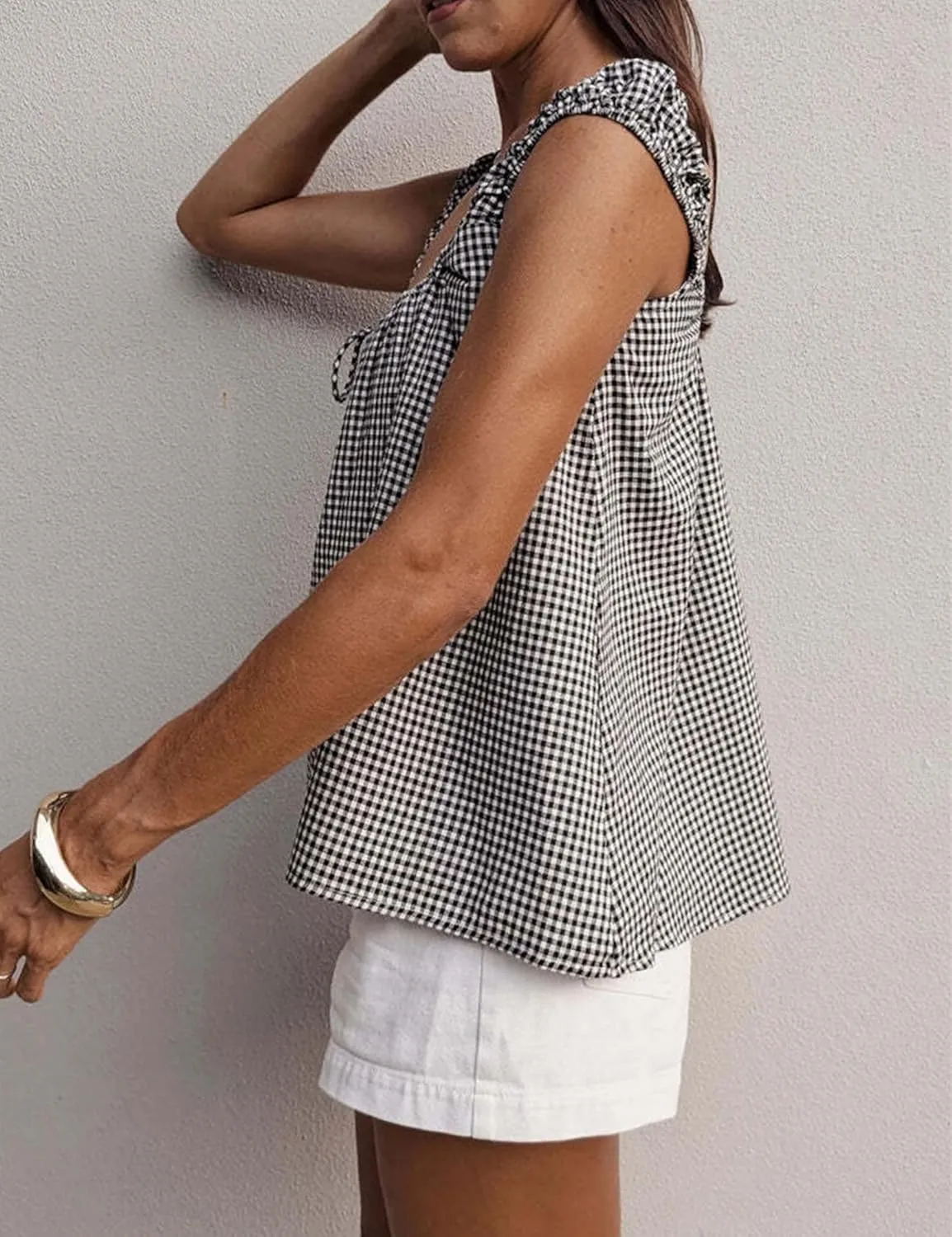 Women Tie Front Tank Tops Summer Sleeveless Square Neck Babydoll Shirts Casual Flowy Pleated Ruffle Top