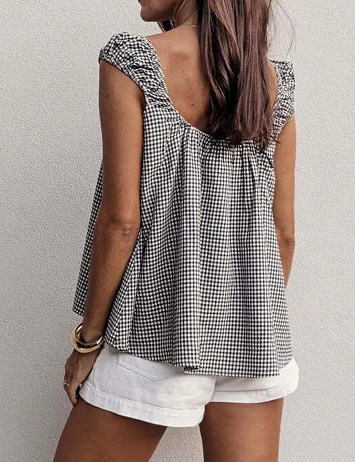 Women Tie Front Tank Tops Summer Sleeveless Square Neck Babydoll Shirts Casual Flowy Pleated Ruffle Top