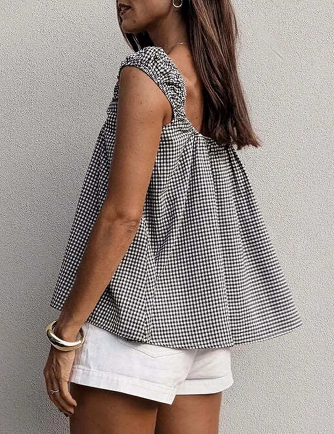 Women Tie Front Tank Tops Summer Sleeveless Square Neck Babydoll Shirts Casual Flowy Pleated Ruffle Top