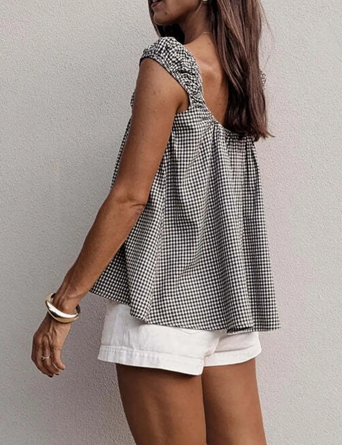 Women Tie Front Tank Tops Summer Sleeveless Square Neck Babydoll Shirts Casual Flowy Pleated Ruffle Top