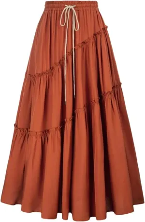 Women Tiered Swing Skirt Drawstring Waist Maxi Skirt Loose Pleated A-Line Swing Midi Skirt