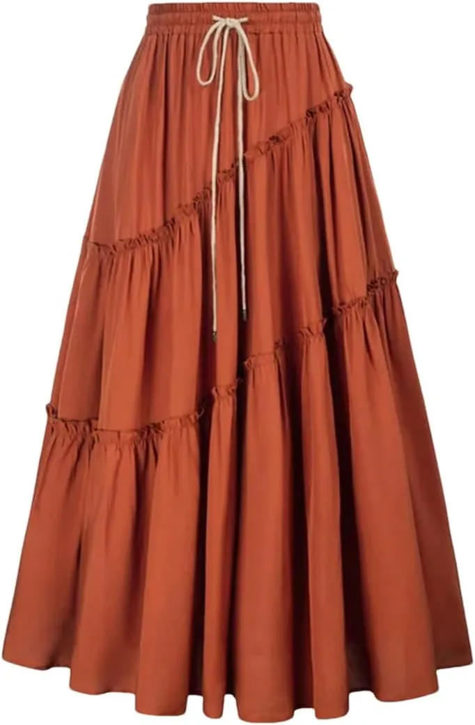 Women Tiered Swing Skirt Drawstring Waist Maxi Skirt Loose Pleated A-Line Swing Midi Skirt