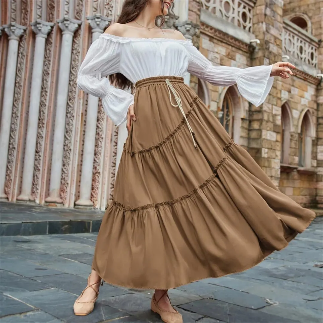 Women Tiered Swing Skirt Drawstring Waist Maxi Skirt Loose Pleated A-Line Swing Midi Skirt