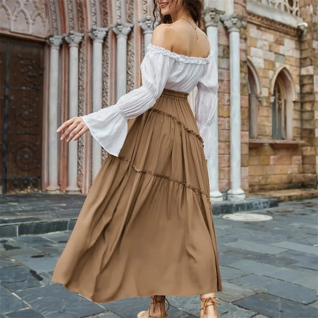 Women Tiered Swing Skirt Drawstring Waist Maxi Skirt Loose Pleated A-Line Swing Midi Skirt
