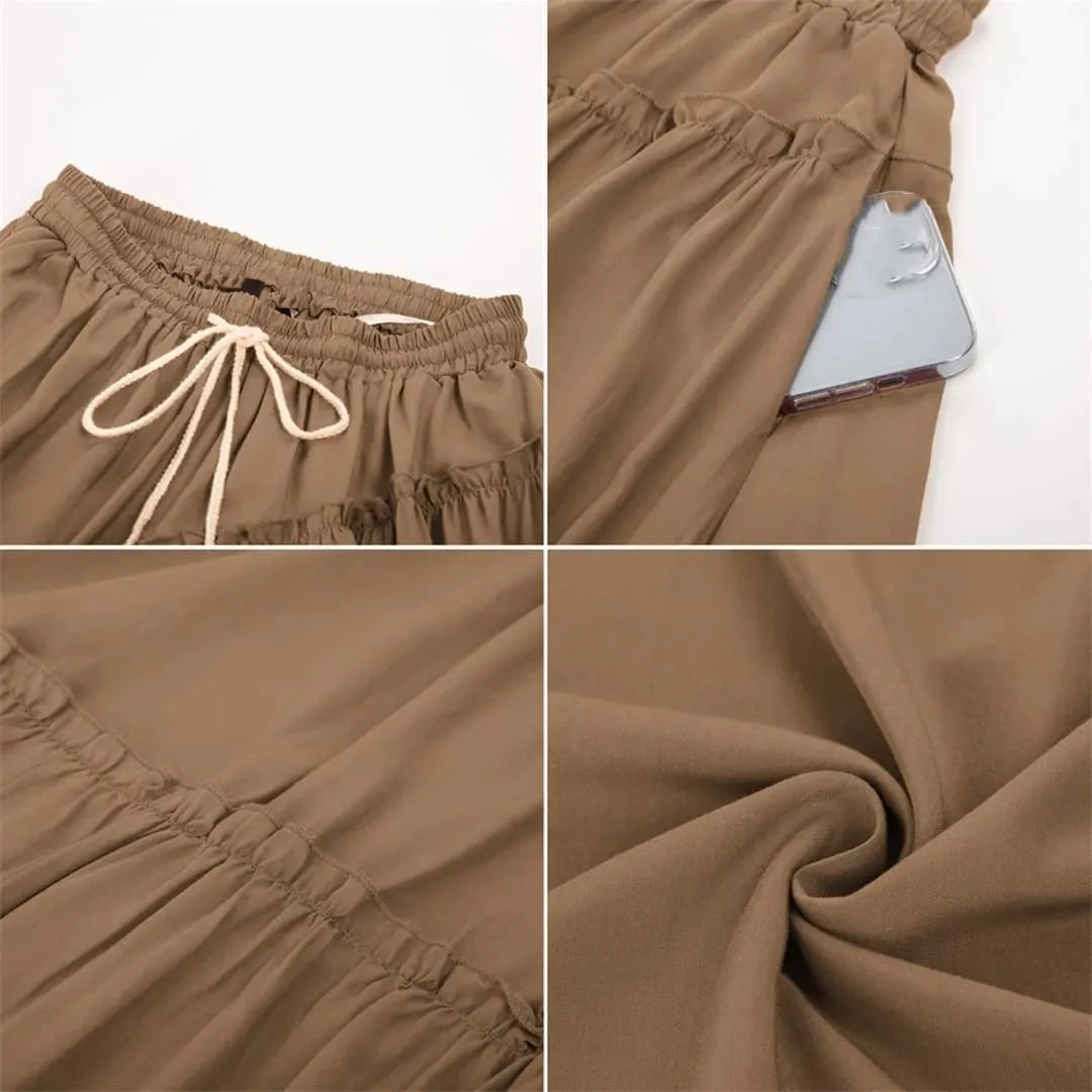 Women Tiered Swing Skirt Drawstring Waist Maxi Skirt Loose Pleated A-Line Swing Midi Skirt