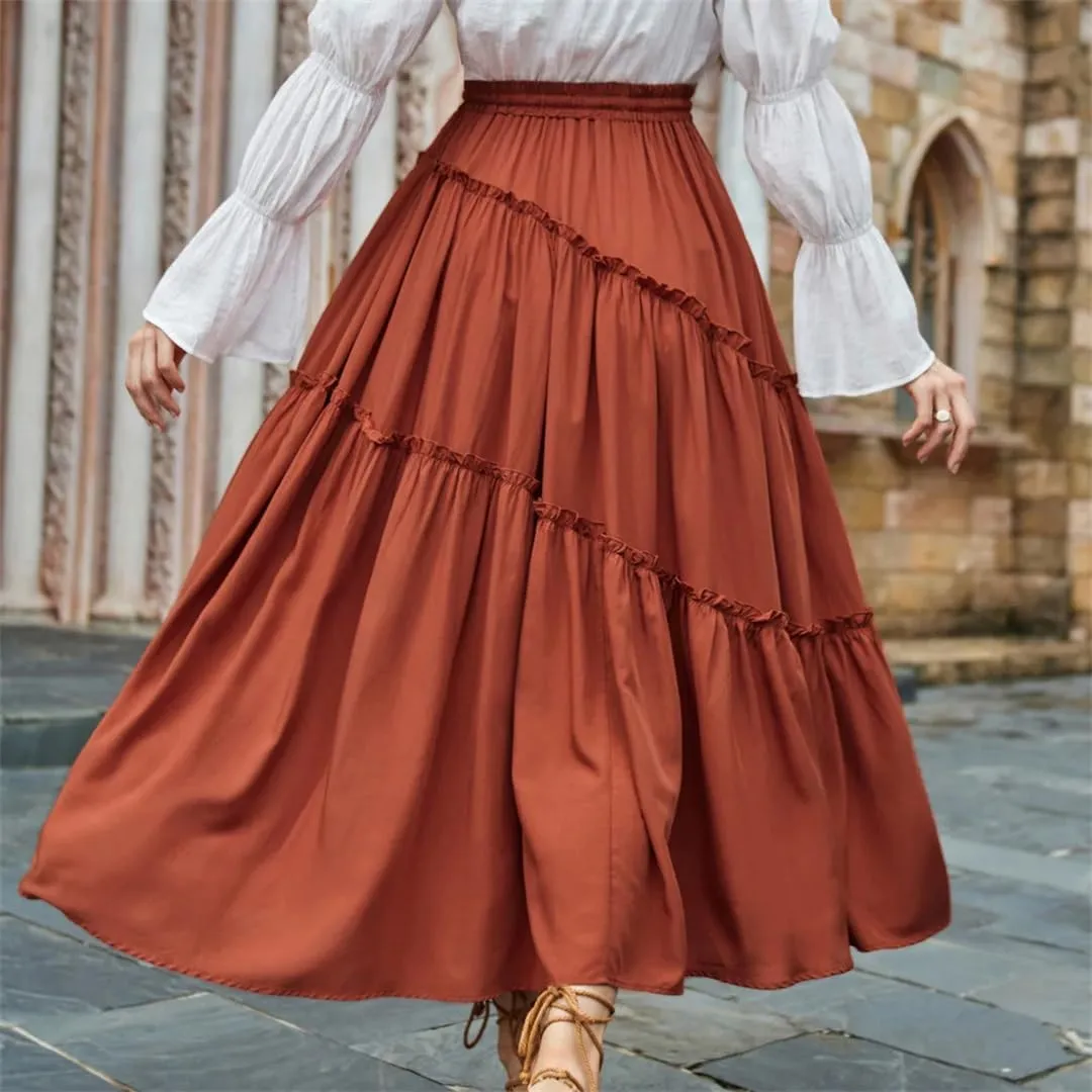 Women Tiered Swing Skirt Drawstring Waist Maxi Skirt Loose Pleated A-Line Swing Midi Skirt