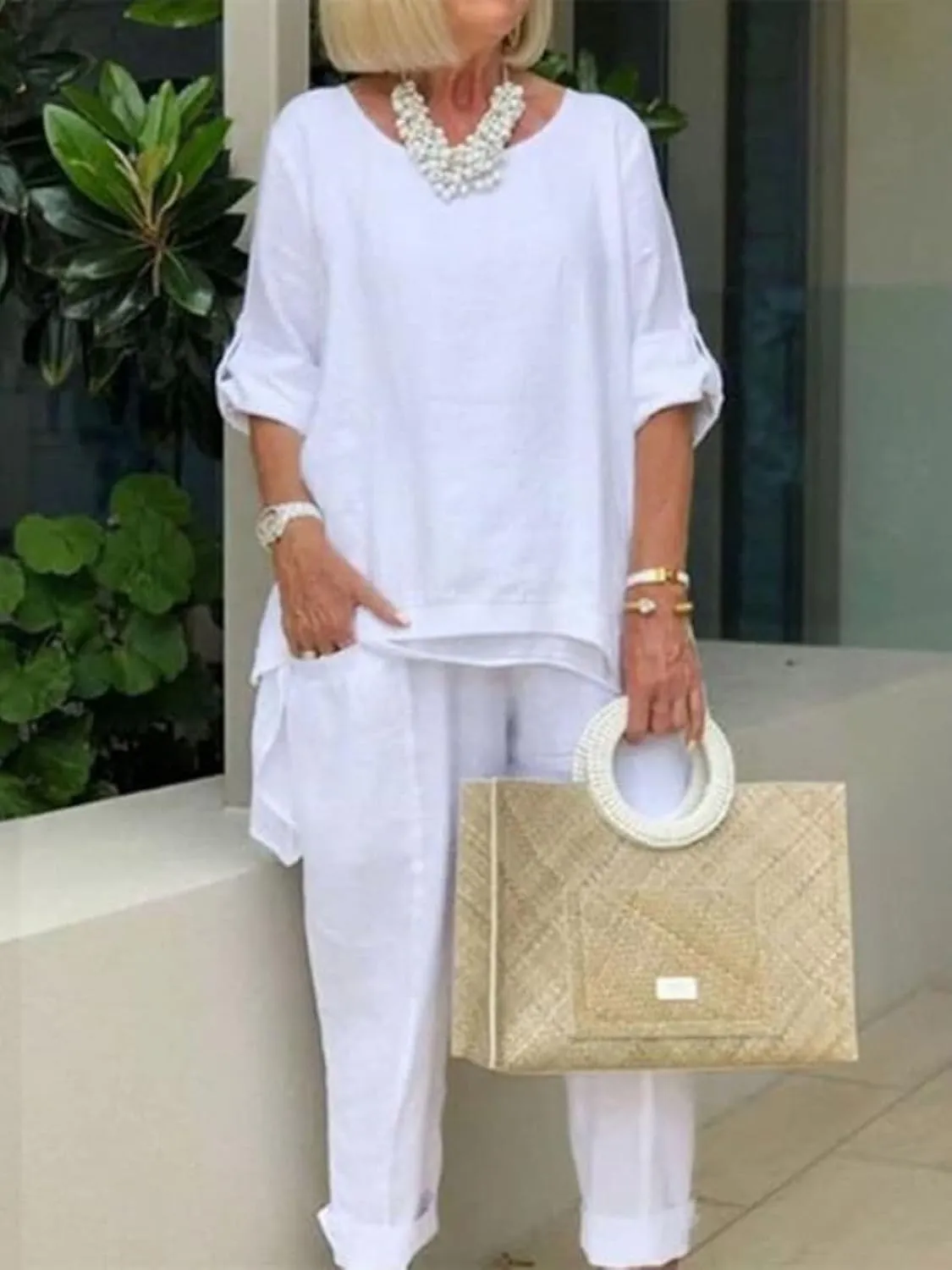 Womens 2 Piece Linen Pants Suit Casual Loose Outfit Long Sleeve Top Shirts Sets Wide Leg Trousers