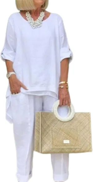 Womens 2 Piece Linen Pants Suit Casual Loose Outfit Long Sleeve Top Shirts Sets Wide Leg Trousers