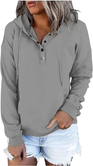 Womens 2024 Fall Fashion Hooded Button Collar Drawstring Hoodies Pullover Sweatshirts Casual Long Sleeve Tops Shirts