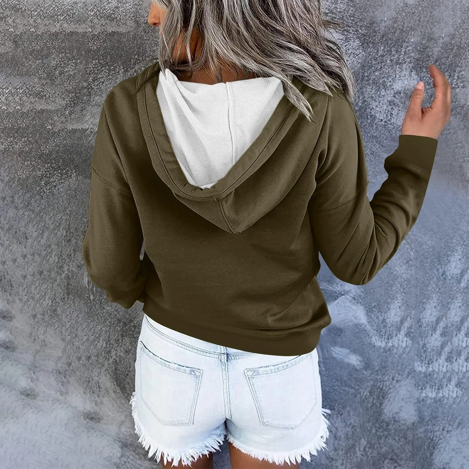 Womens 2024 Fall Fashion Hooded Button Collar Drawstring Hoodies Pullover Sweatshirts Casual Long Sleeve Tops Shirts