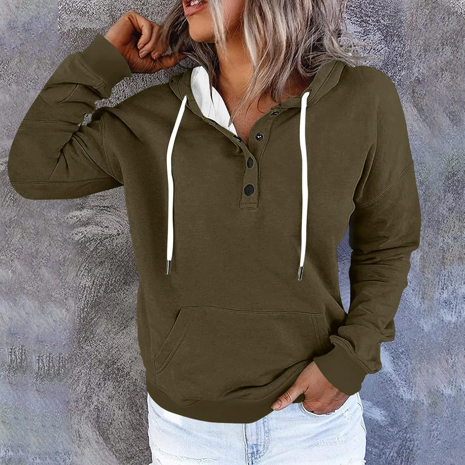 Womens 2024 Fall Fashion Hooded Button Collar Drawstring Hoodies Pullover Sweatshirts Casual Long Sleeve Tops Shirts