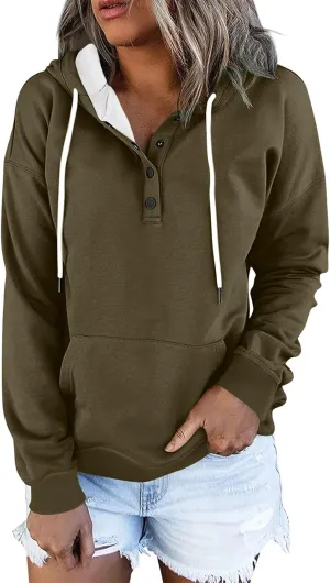 Womens 2024 Fall Fashion Hooded Button Collar Drawstring Hoodies Pullover Sweatshirts Casual Long Sleeve Tops Shirts