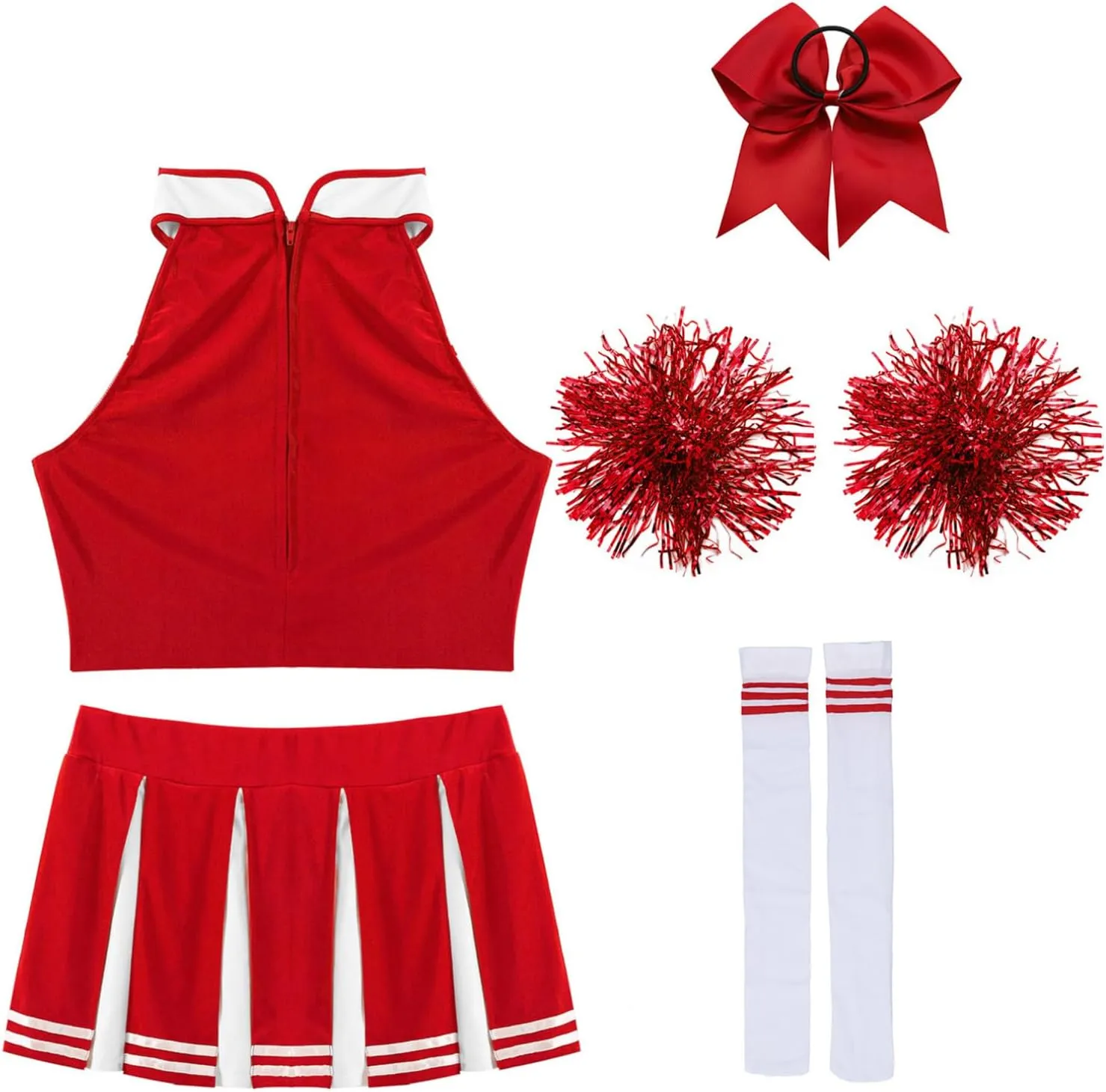 Women's 5Pcs Cheerleading Team Uniform Costume Sleeveless Crop Tops with Pleated Skirt Set