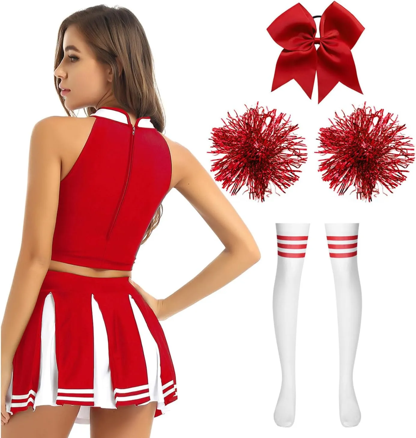 Women's 5Pcs Cheerleading Team Uniform Costume Sleeveless Crop Tops with Pleated Skirt Set