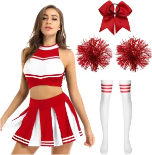 Women's 5Pcs Cheerleading Team Uniform Costume Sleeveless Crop Tops with Pleated Skirt Set