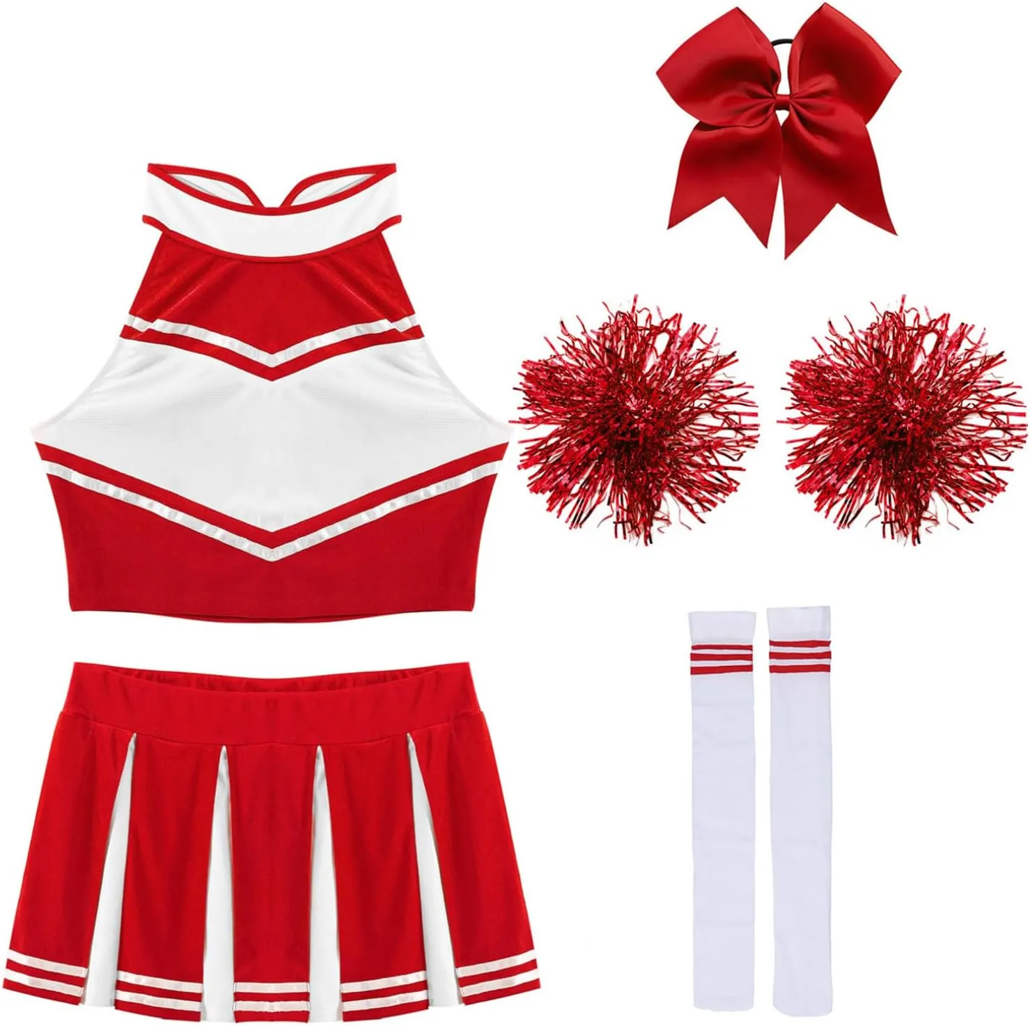Women's 5Pcs Cheerleading Team Uniform Costume Sleeveless Crop Tops with Pleated Skirt Set
