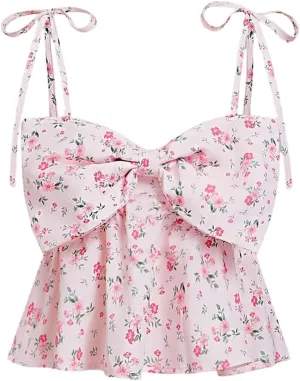 Women's Boho Floral Bow Cami Tops Tie Shoulder Ruffle Hem Peplum Crop Camisole