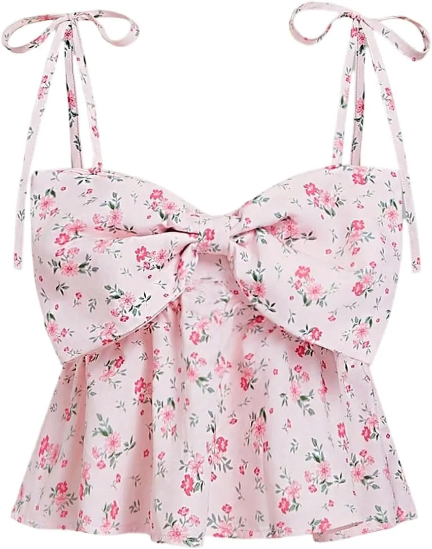 Women's Boho Floral Bow Cami Tops Tie Shoulder Ruffle Hem Peplum Crop Camisole