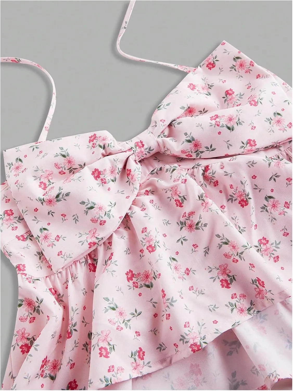 Women's Boho Floral Bow Cami Tops Tie Shoulder Ruffle Hem Peplum Crop Camisole