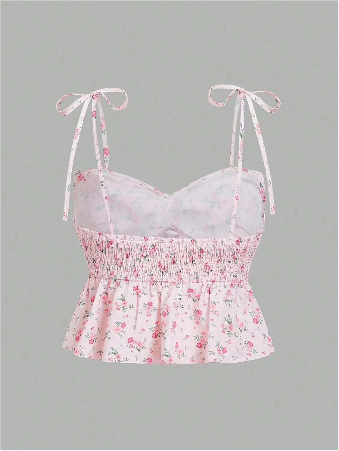 Women's Boho Floral Bow Cami Tops Tie Shoulder Ruffle Hem Peplum Crop Camisole