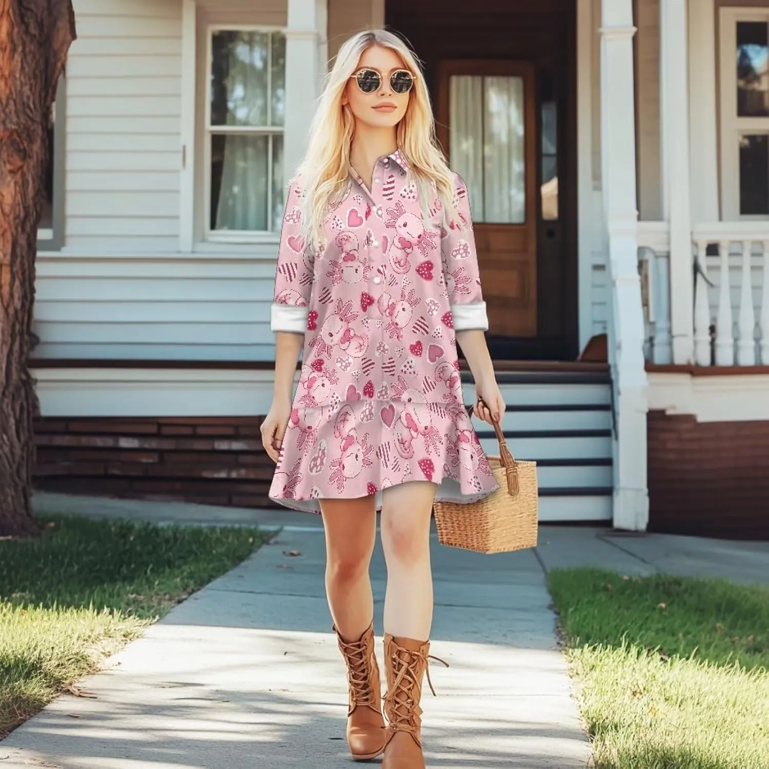 Womens Button Down Shirts Dress V Neck Long Sleeve Mini Dress Ruffle Hem Dress with Pocket