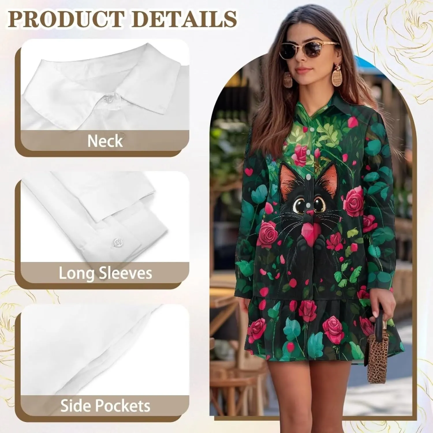 Womens Button Down Shirts Dress V Neck Long Sleeve Mini Dress Ruffle Hem Dress with Pocket
