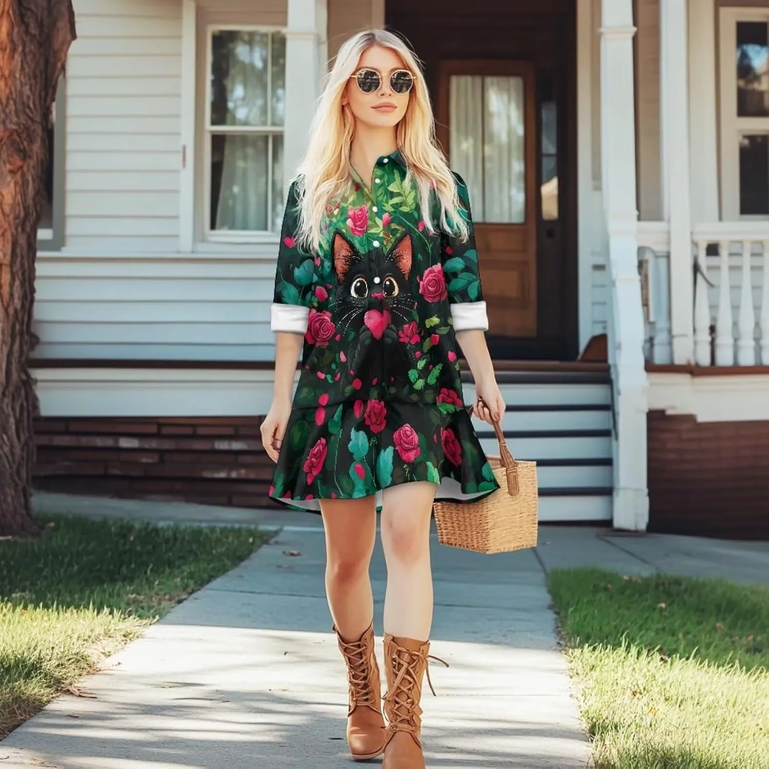 Womens Button Down Shirts Dress V Neck Long Sleeve Mini Dress Ruffle Hem Dress with Pocket